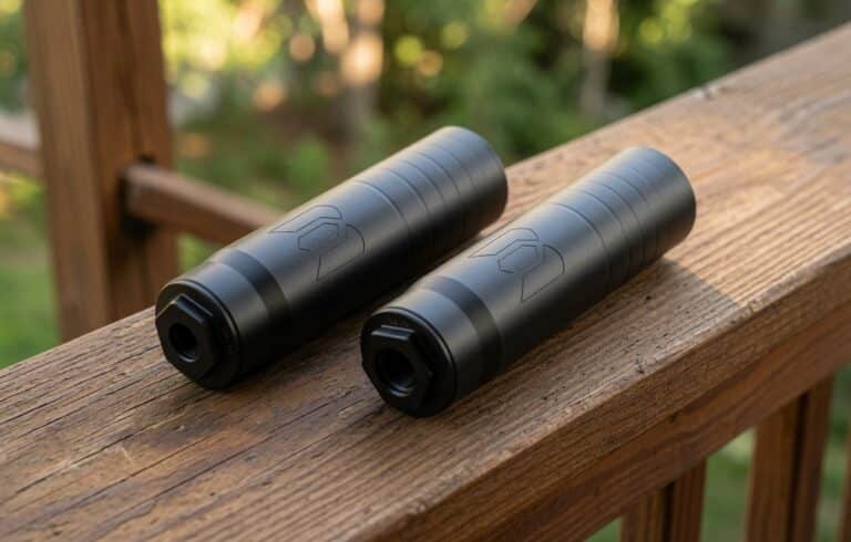 Two black cylindrical suppressors resting on a weathered wooden railing outdoors, with a blurred green background.