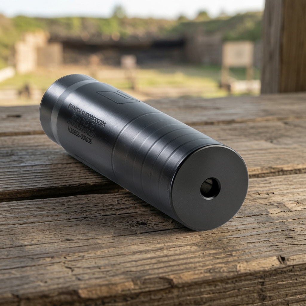 Black anodized firearm suppressor lying on a weathered wooden bench, cylindrical with a threaded end.