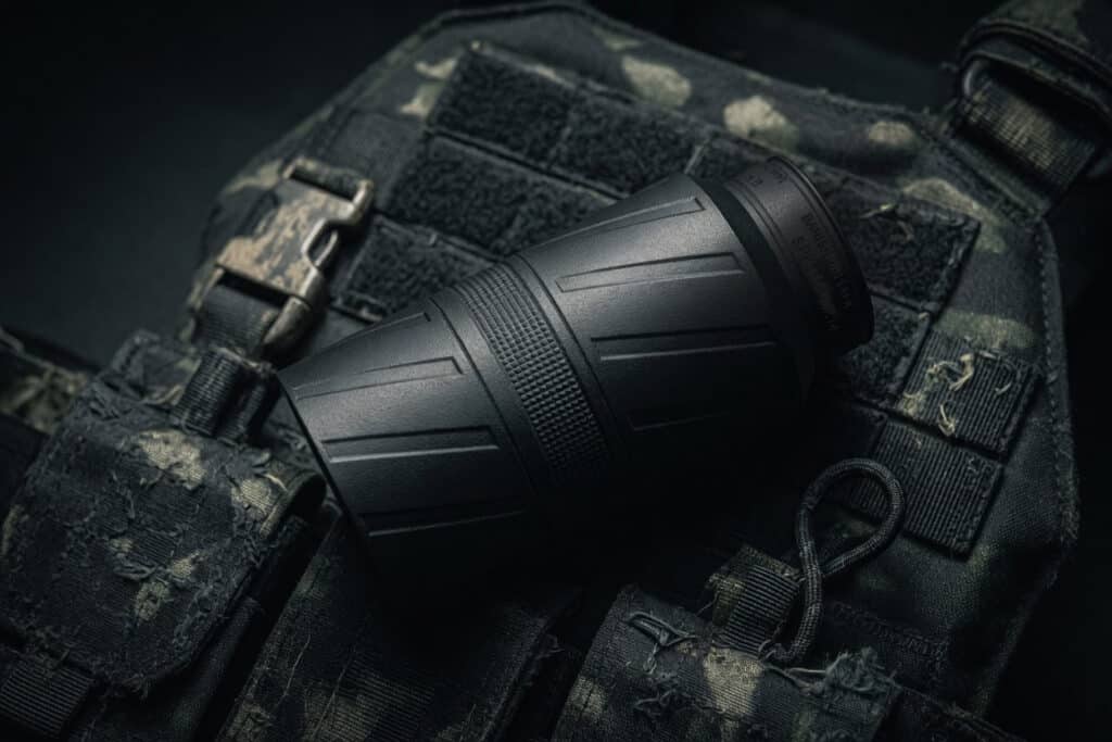 Black monocular telescope resting on a camo tactical vest.
