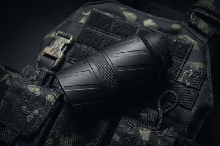 Black monocular telescope resting on a camo tactical vest.
