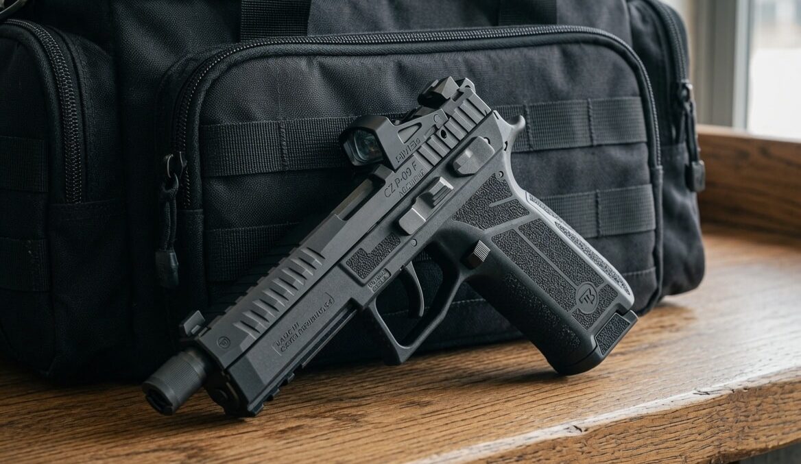czp09 range bag - PopularSuppressors Black semi-automatic pistol resting on a black tactical bag on a wooden table surface.