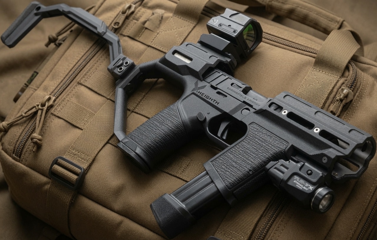 Black modern assault rifle with folding stock and attached optics/flashlight resting on a brown tactical backpack