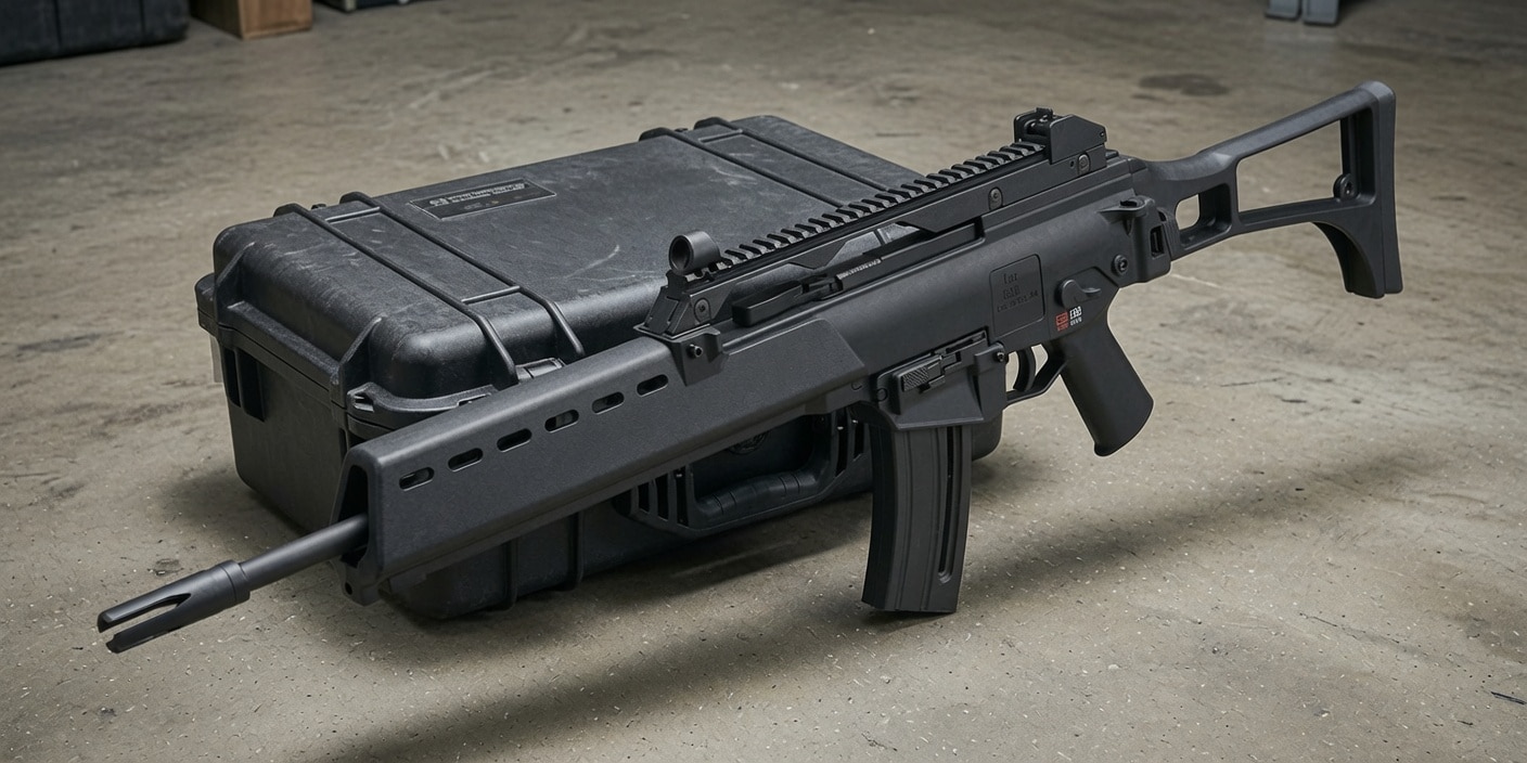 Black tactical rifle with a collapsible stock resting on a rugged hard case in a garage or workshop basement area.