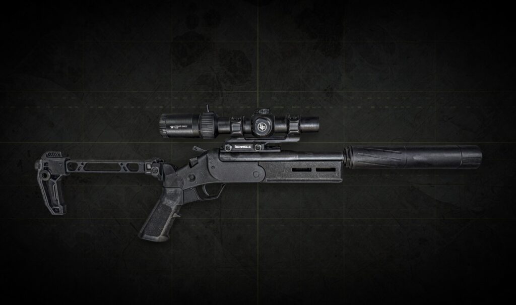 Black tactical rifle with a scope and muzzle suppressor attached, displayed on a dark textured background.