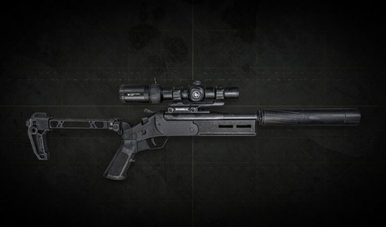 Black tactical rifle with a scope and muzzle suppressor attached, displayed on a dark textured background.