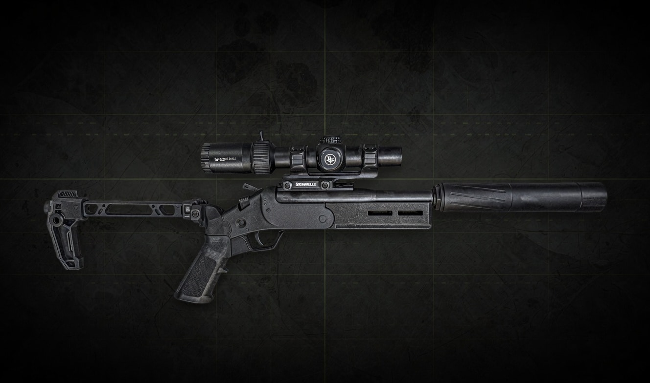 Black tactical rifle with a scope and muzzle suppressor attached, displayed on a dark textured background.