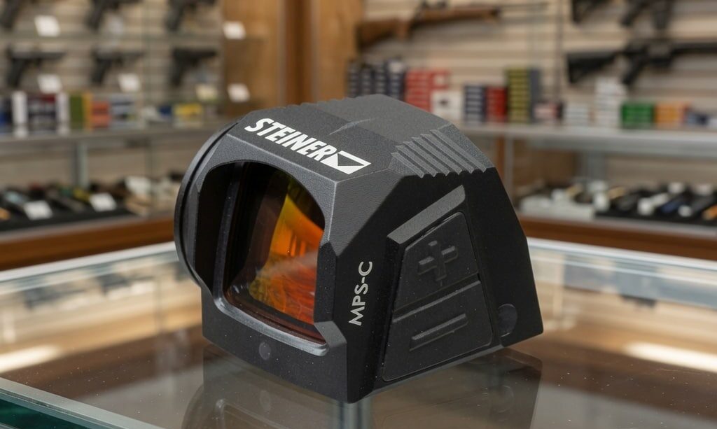 mpsc gunstore - PopularSuppressors Steiner red dot sight sitting on a glass display counter in a gun shop, compact rifle optic with orange-tinted lens