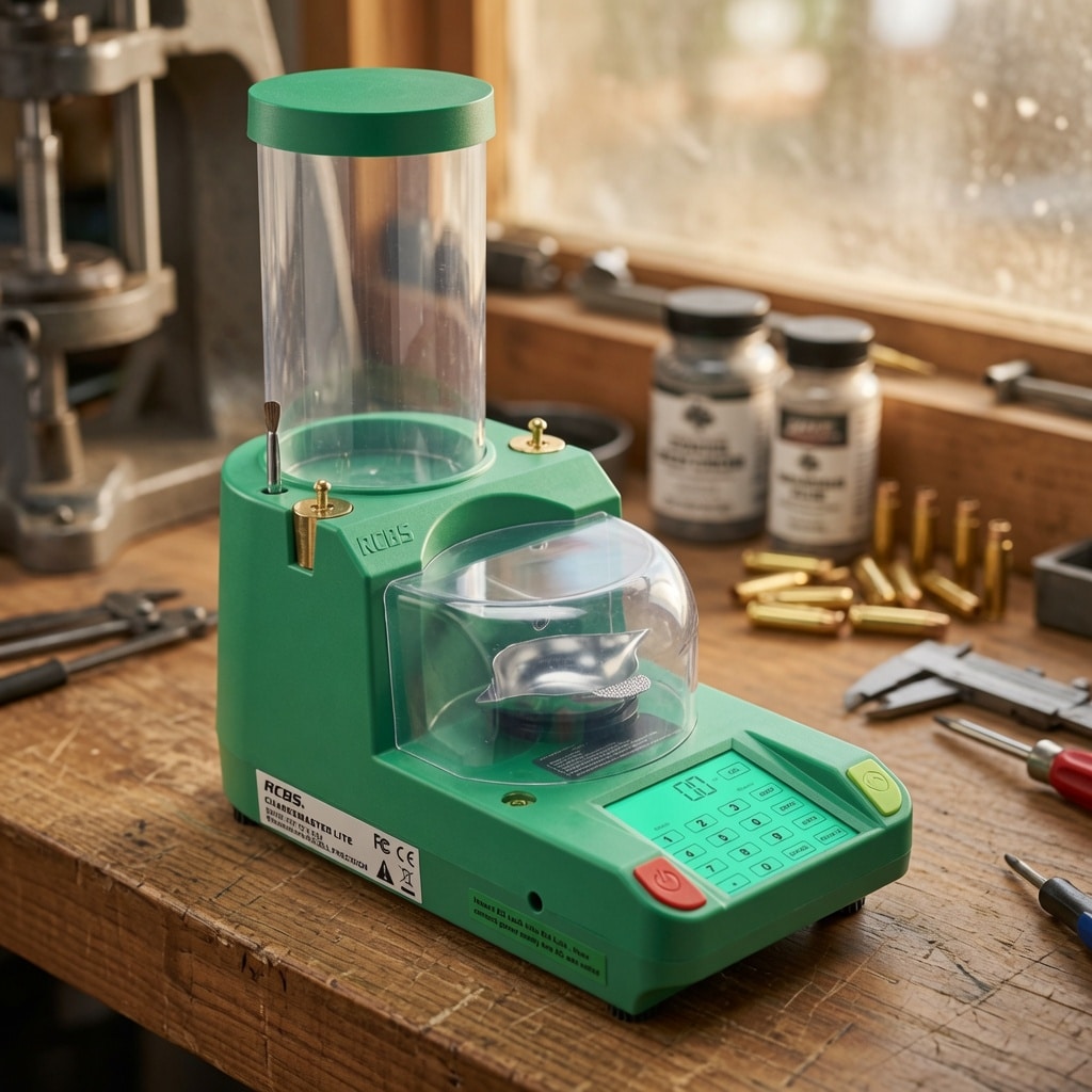 Green ammunition reloading press on a wooden workbench with brass cartridges and tools in the background.