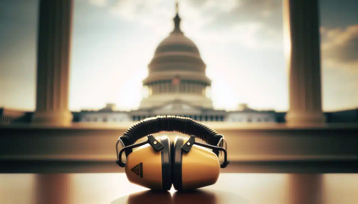 Capitol building with hearing protection earmuffs symbolizing the South Dakota suppressor law