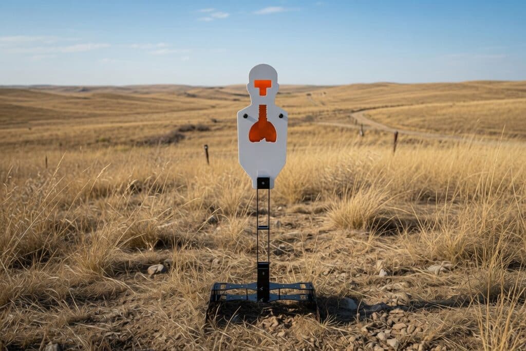 Open prairie shooting range: a white human-shaped target with orange inner cutouts mounted on a metal stand in a dry grass field. Intended for shooting practice.