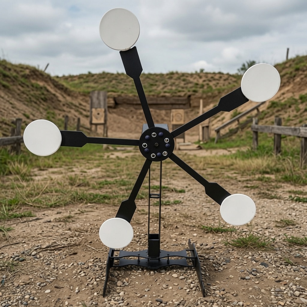 Six-armed metal target with white circular plates at the ends, set on a shooting range ground.