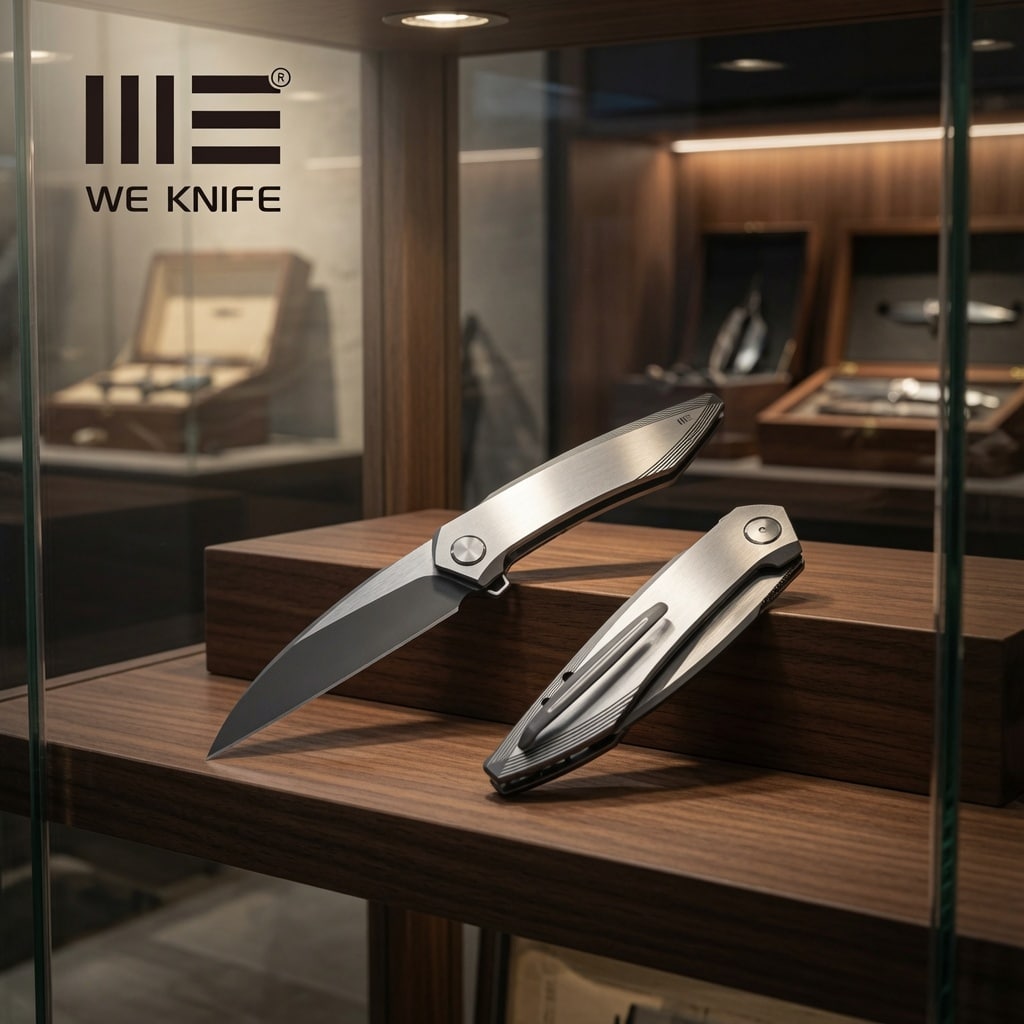 Two folding knives on a wooden display shelf inside a glass case, with the WE KNIFE branding visible.