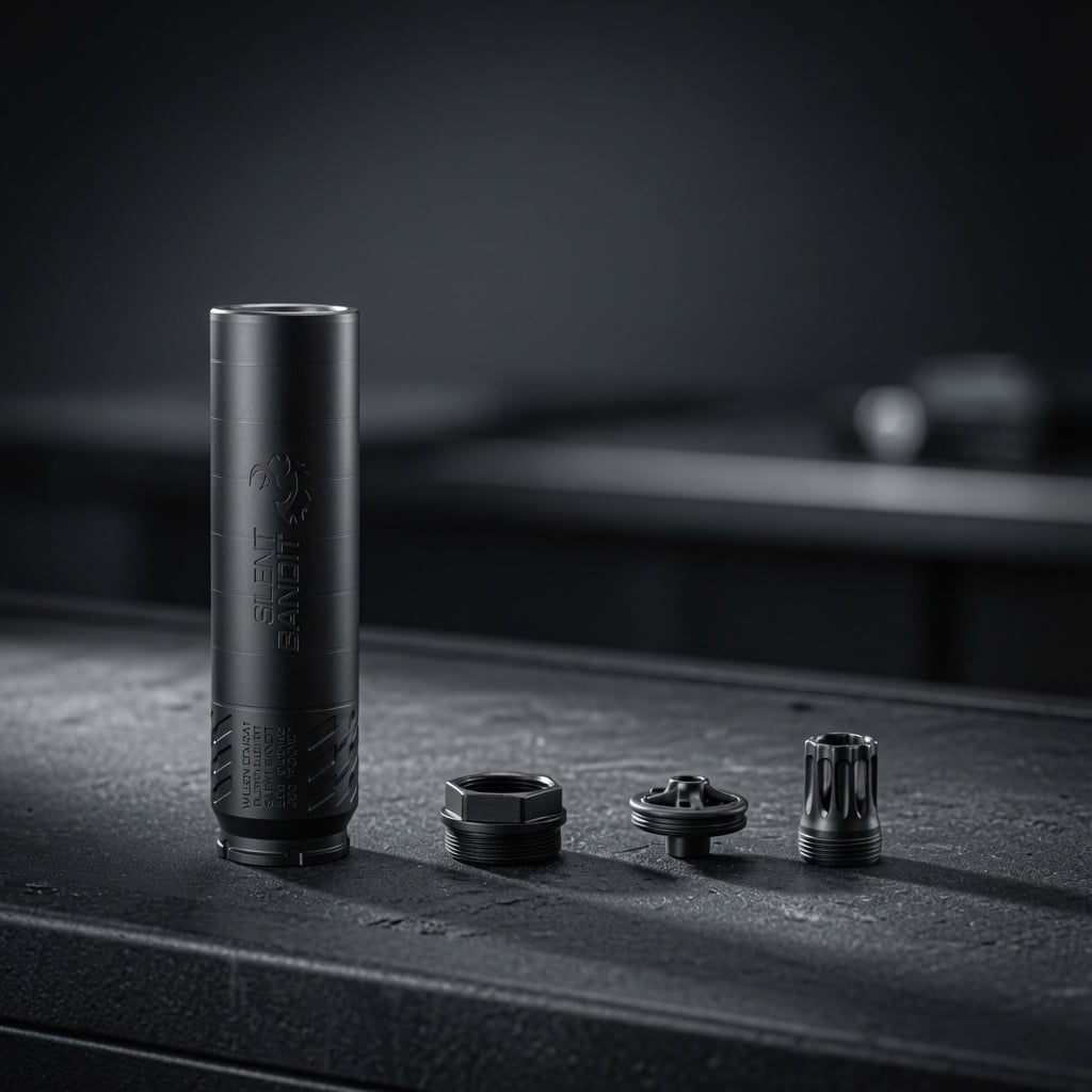 Disassembled black modular device on a dark workbench, with a tall main cylinder and four small components laid out.