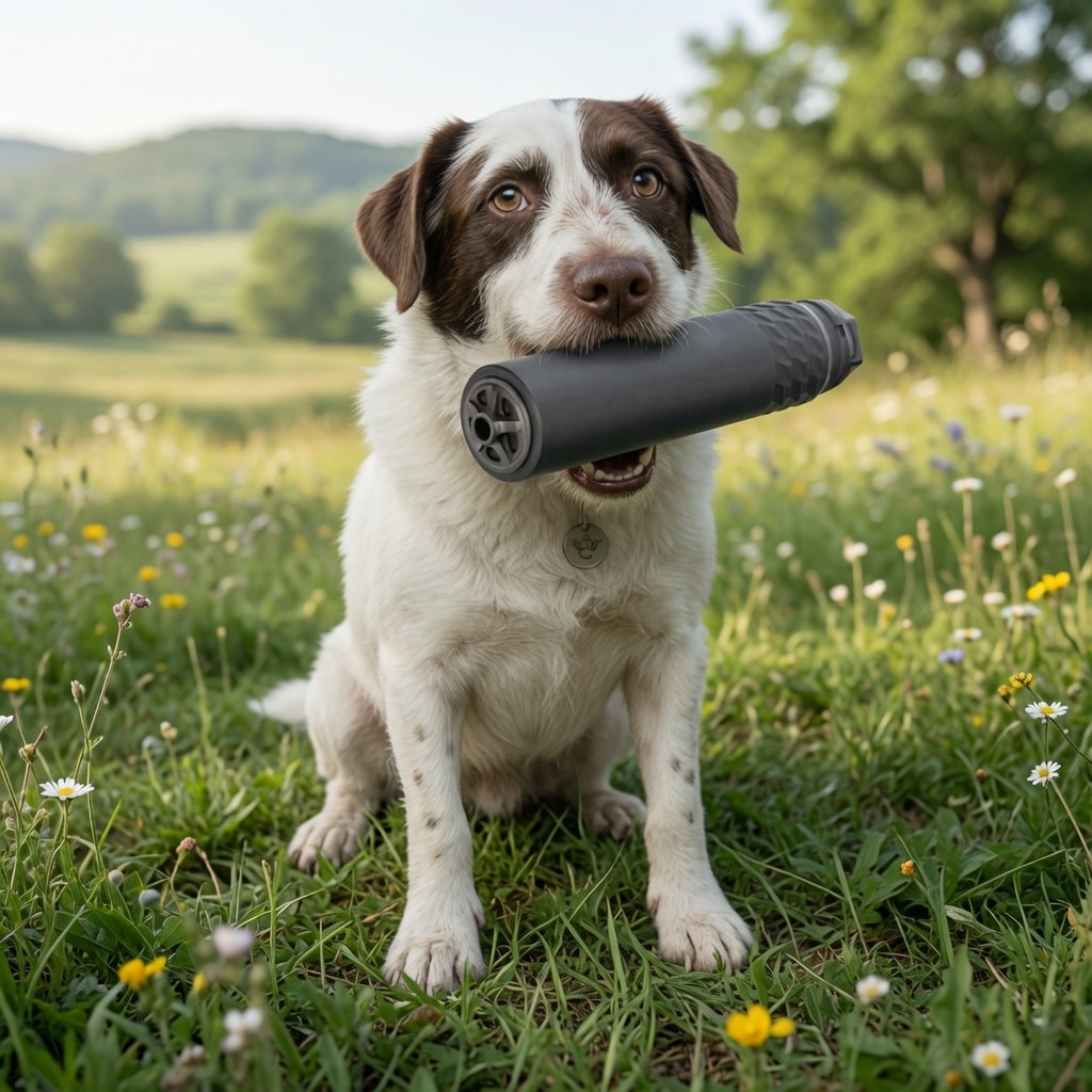 Brown and white dog sitting in a grassy meadow with a black cylindrical chew toy in its mouth.