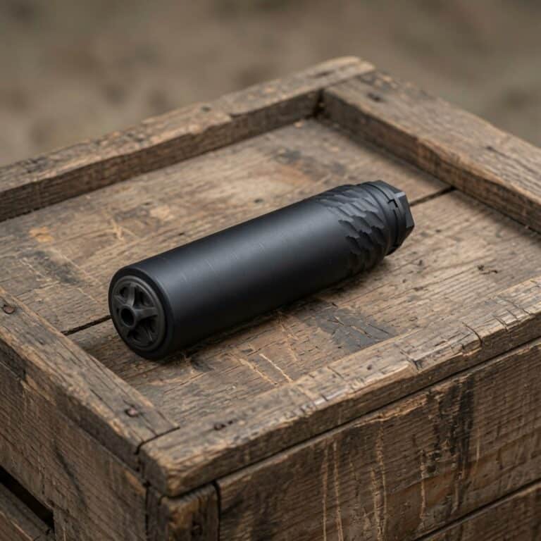 Black firearm suppressor lying on a weathered wooden crate.