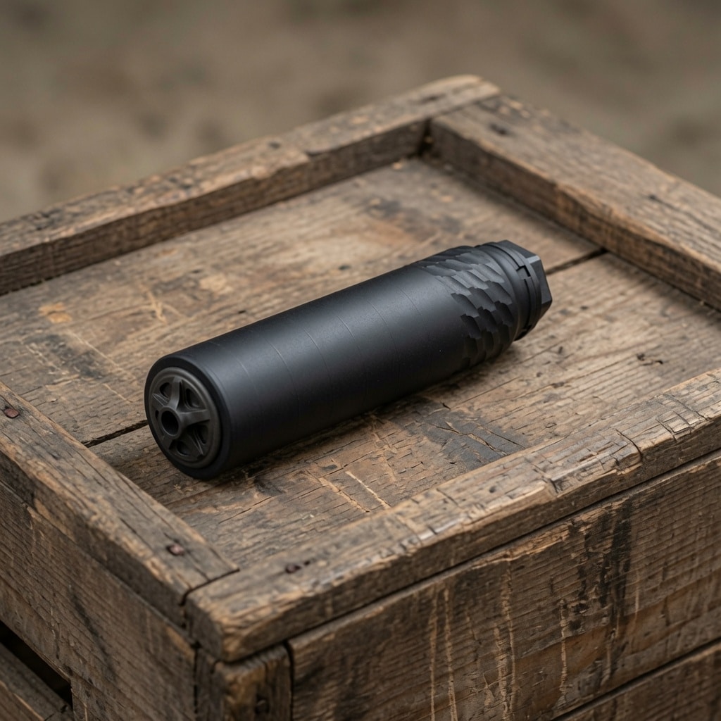 Black firearm suppressor lying on a weathered wooden crate.