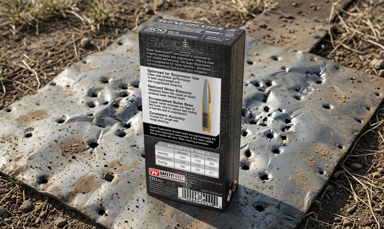 Box of Winchester Super Speed ammunition standing upright on a perforated metal sheet outdoors on dirt ground.