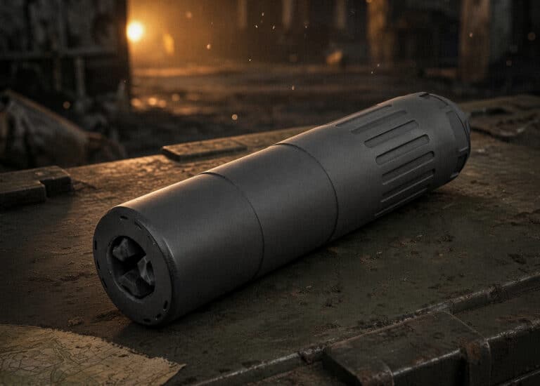 Gray cylindrical metal device with grooved sides resting on a dusty, rusted workbench in a dim workshop. (informative, concise)