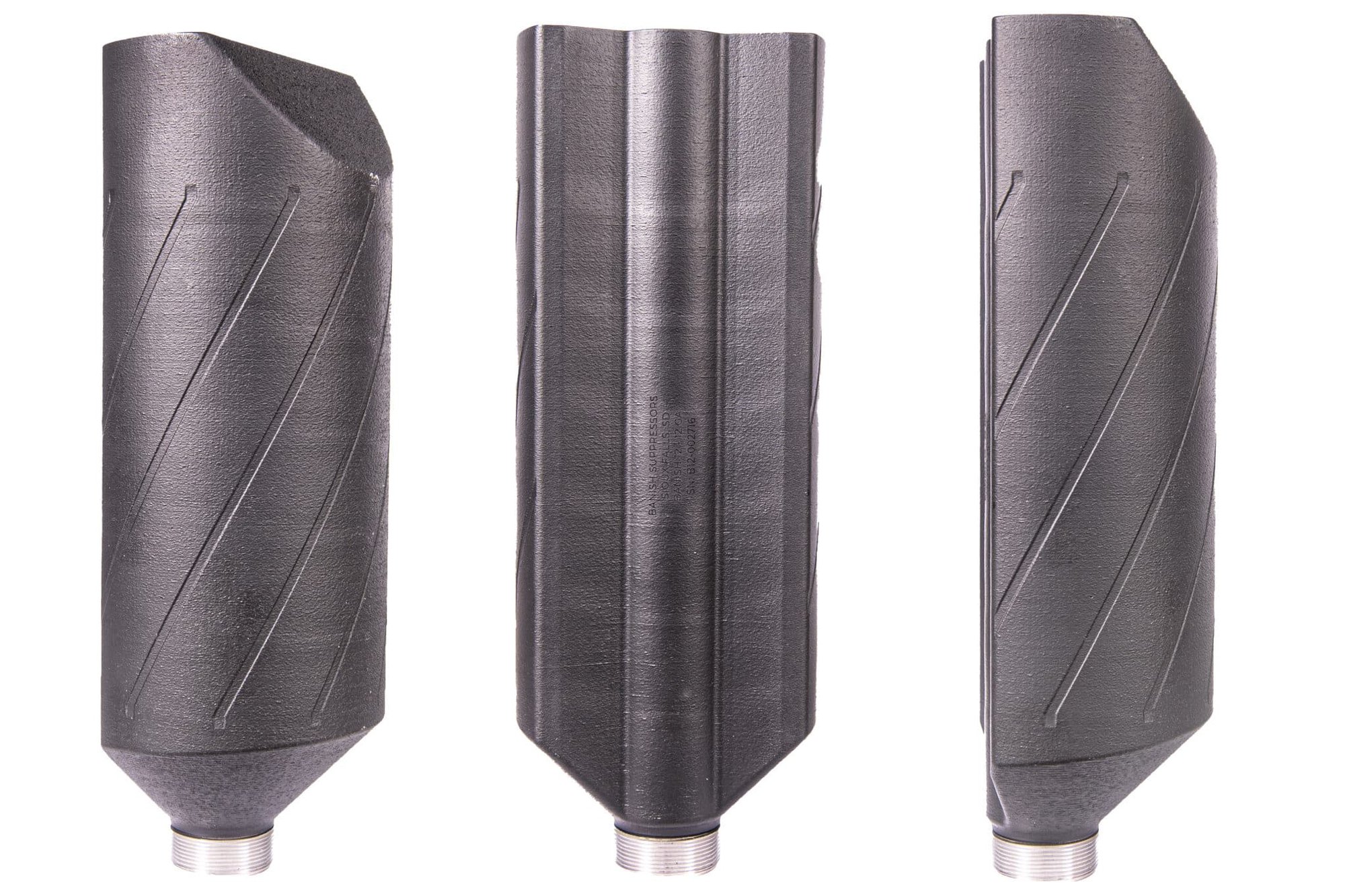 Set of three black drill bits with spiral flutes standing upright side by side on a white background