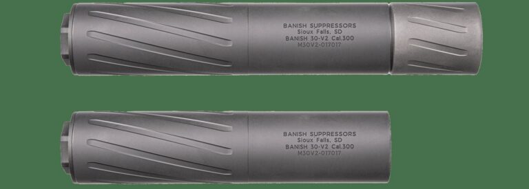 Two gray cylindrical firearm suppressors with diagonal grooves, labeled 'BANISH SUPPRESSORS' and location text engraved on the side.