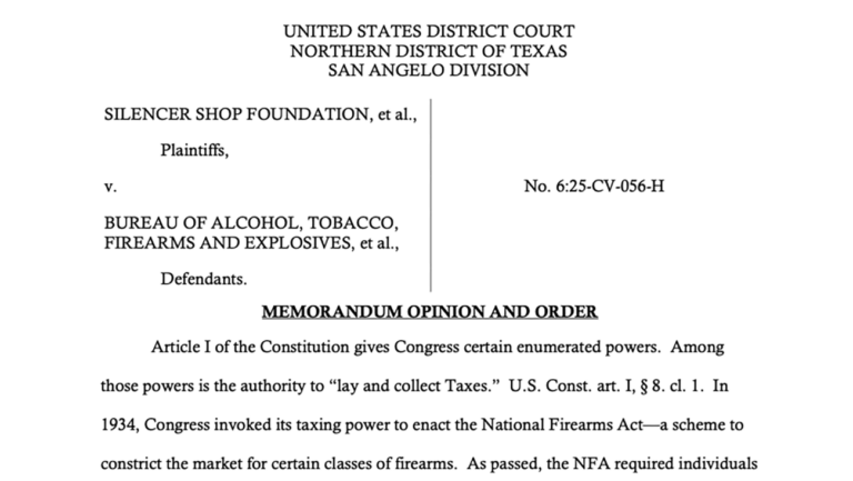 Cover page of a U.S. District Court memorandum opinion and order (Northern District of Texas, San Angelo Division) for Silencer Shop Foundation et al. v. ATF et al.