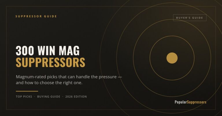 Cover of a buyer's guide: '300 Win Mag Suppressors' with concentric gold rings on a dark background.