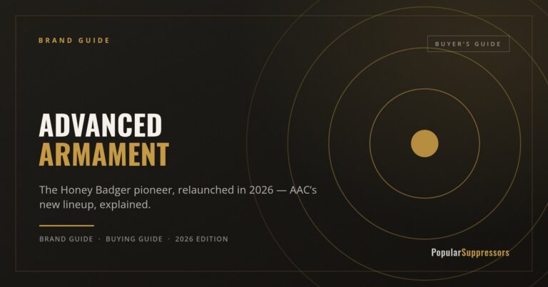 Brand guide cover: dark page with 'Advanced Armament' title, target rings on the right, and 2026 edition note; says 'Popular Suppressors' bottom right.