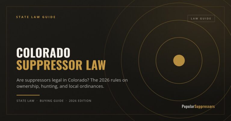 Cover of a state law guide titled 'Colorado Suppressor Law' in white and gold on a dark background with a circular target motif and the 'Popular Suppressors' logo to the right-bottom. Subtitle hints at 2026 rules on ownership, hunting, and local ordinances.
