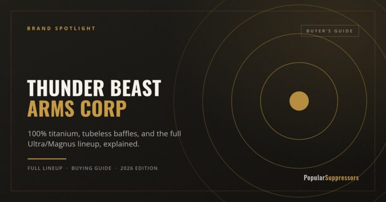 Brand spotlight banner for Thunder Beast Arms Corp with concentric ring target graphic on dark background and 'Popular Suppressors' logo in the corner.