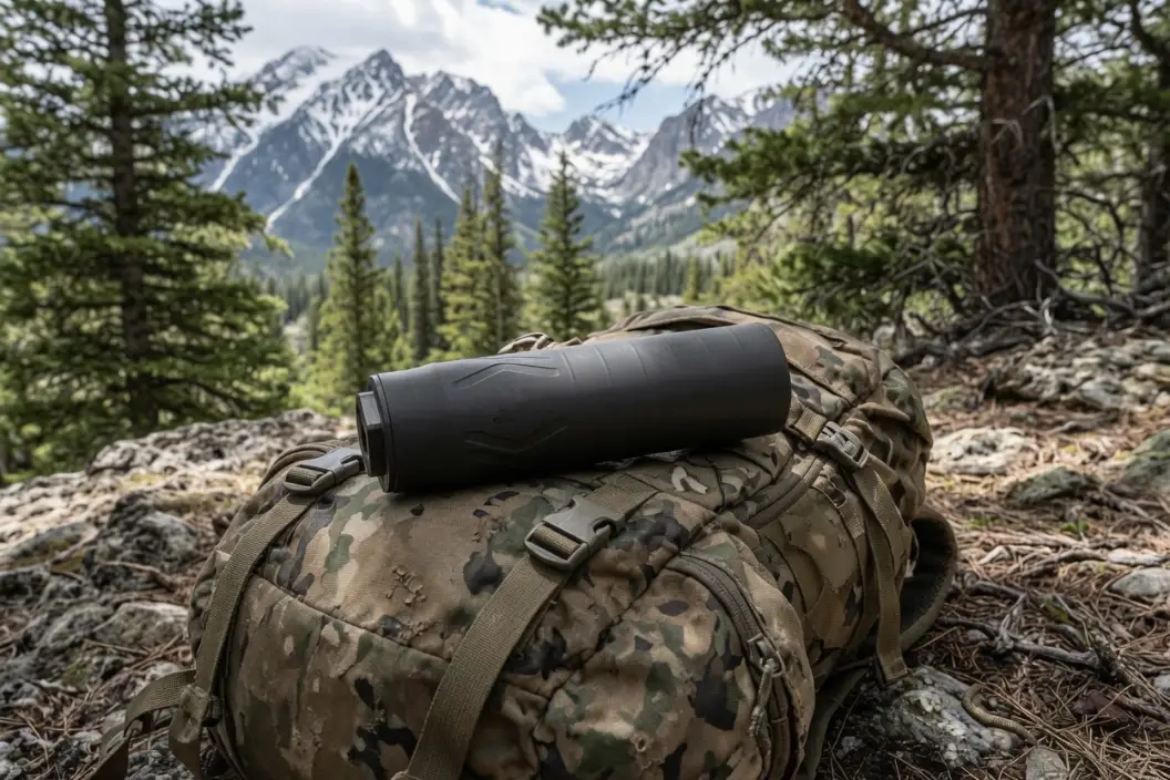 Suppressor and pack staged for the field, where suppressor hunting laws are set by the state and not by federal registration