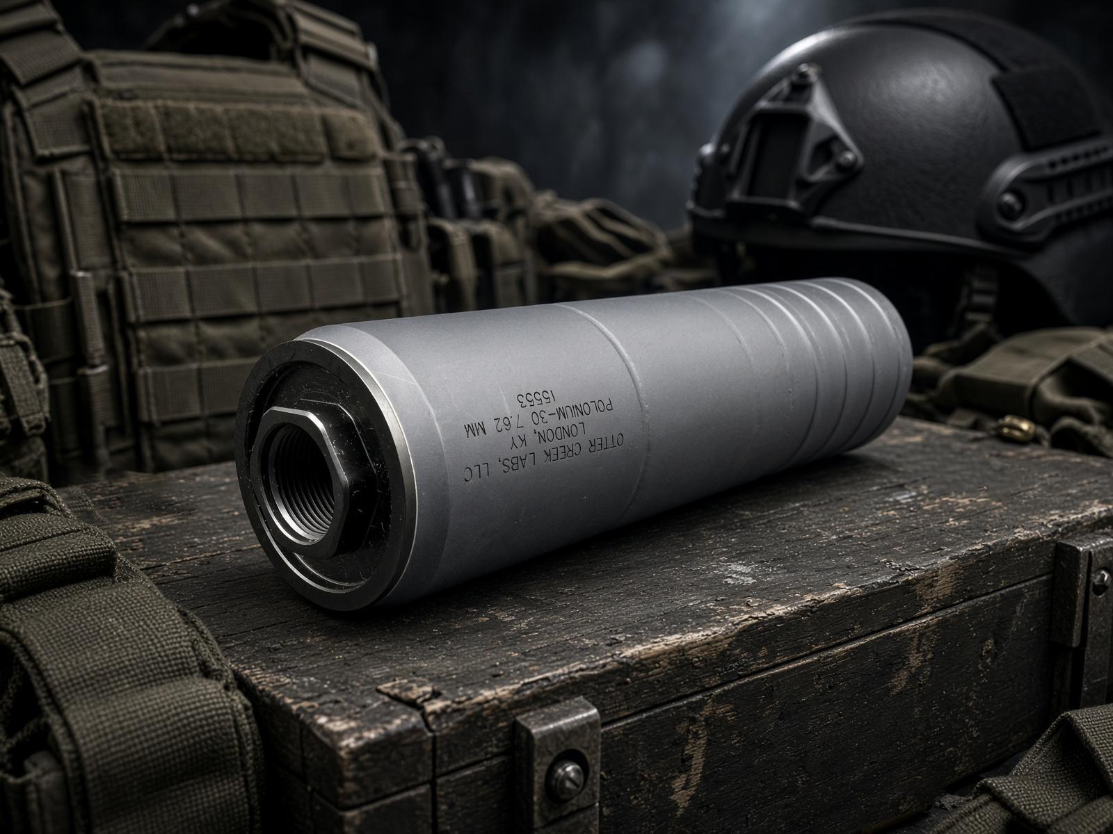Otter Creek polonium 30 tactical background - PopularSuppressors Gray cylindrical ammunition canister with a threaded end resting on a weathered wooden crate, surrounded by tactical gear and a helmet in the background.