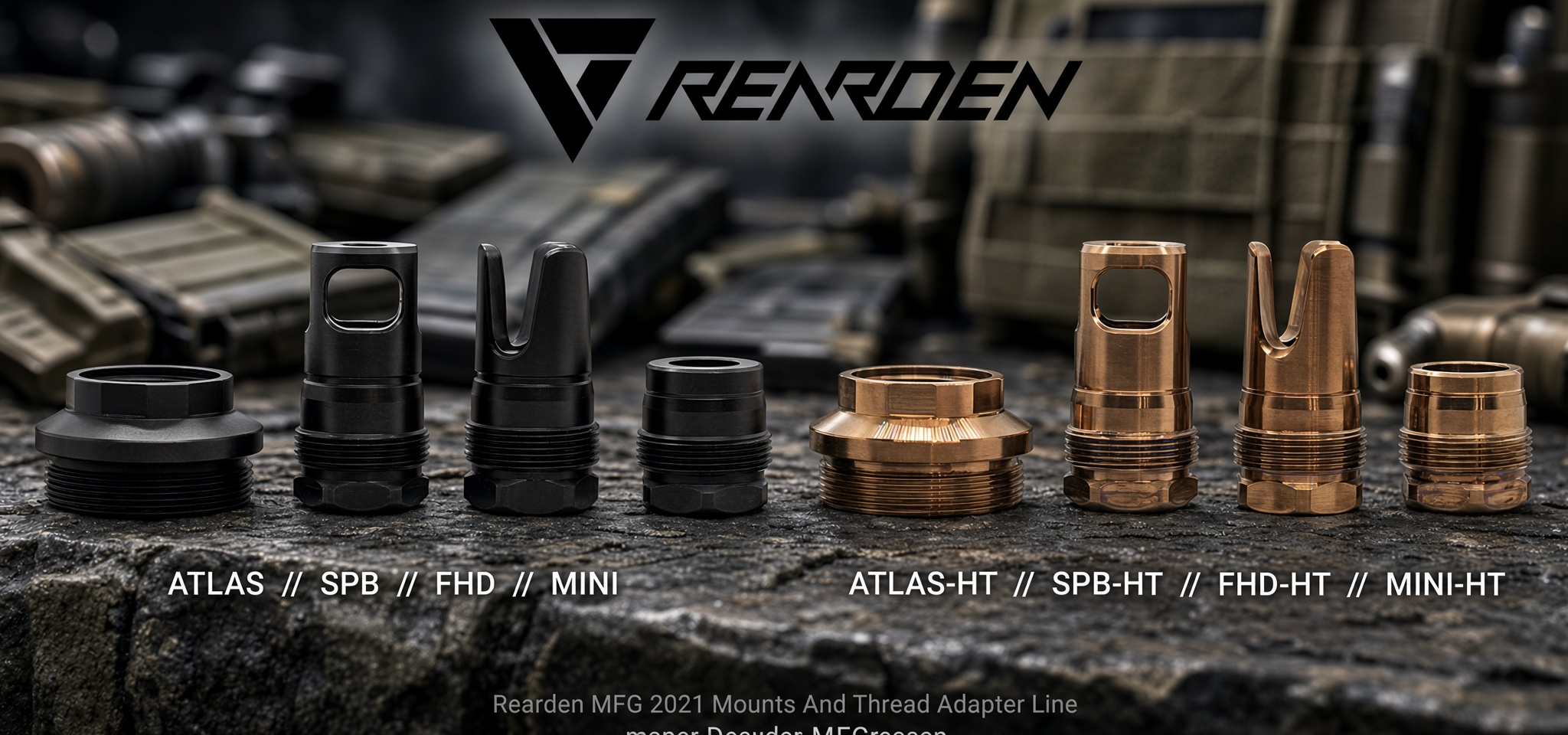 Rearden Lineup - PopularSuppressors Row of black and copper finish threaded adapters lined up on a rough surface with the Rearden logo above.