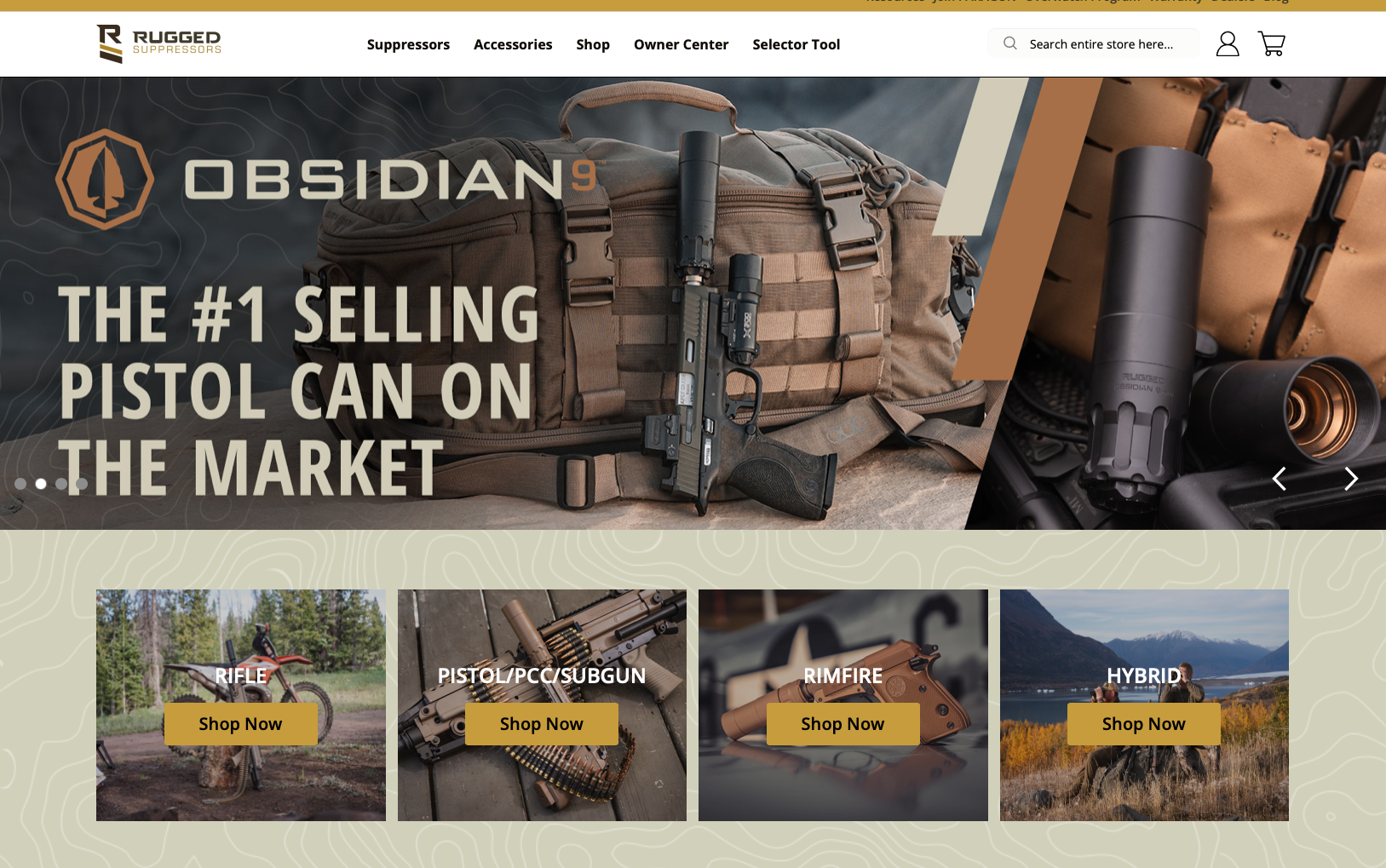 Rugged suppressors website hero shot - PopularSuppressors Hero banner with tactical backpack and rifle gear, promoting the product with bold text'THE #1 SELLING PISTOL CAN ON THE MARKET'.