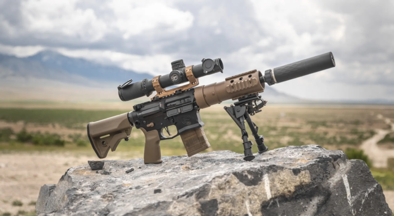 Rifle with scope and bipod resting on a rocky outcrop in a desert landscape.