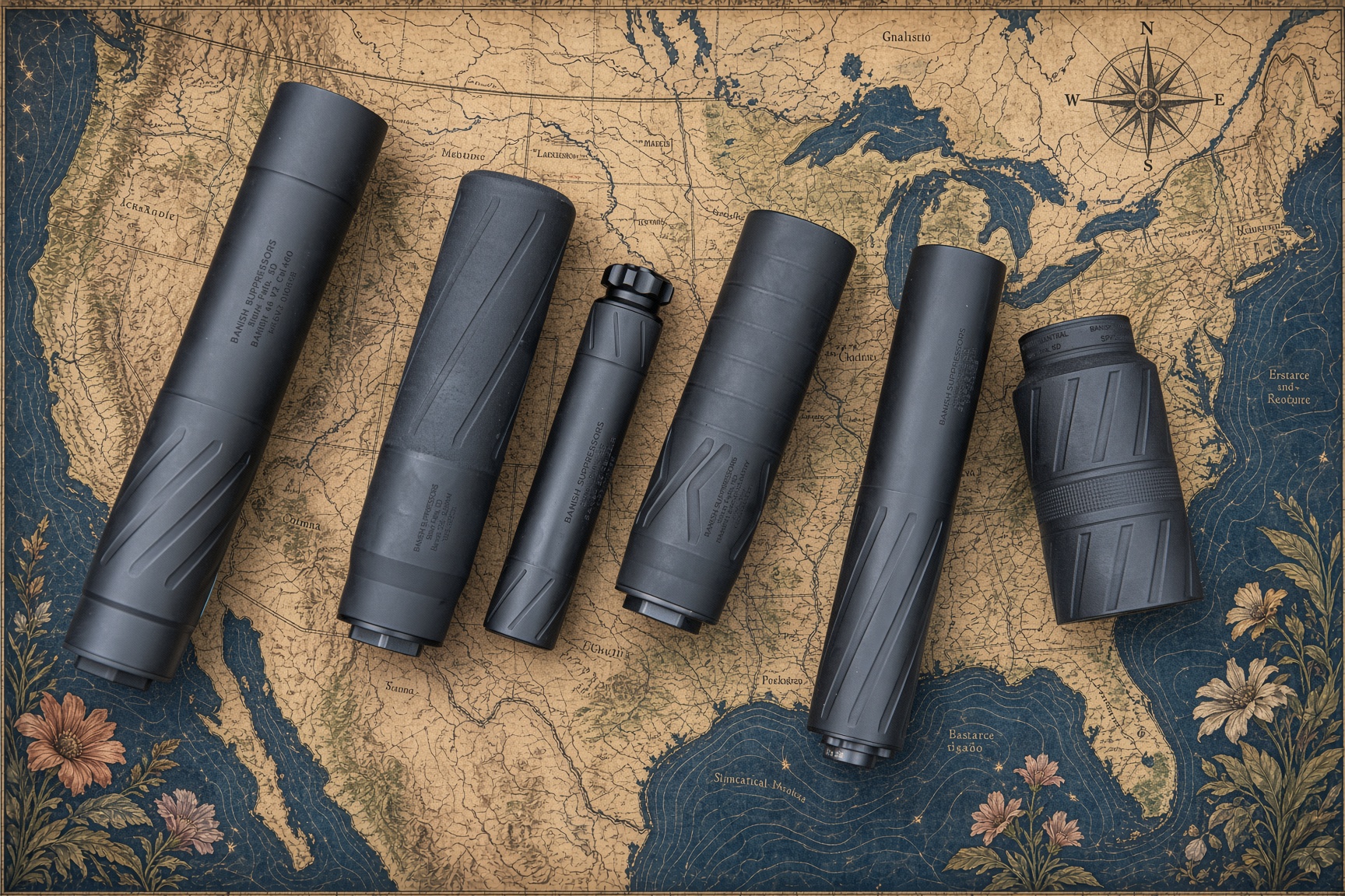 Suppressor sitting on United States map - PopularSuppressors Six black firearm suppressors laid diagonally on an antique map background, varying in size and design.