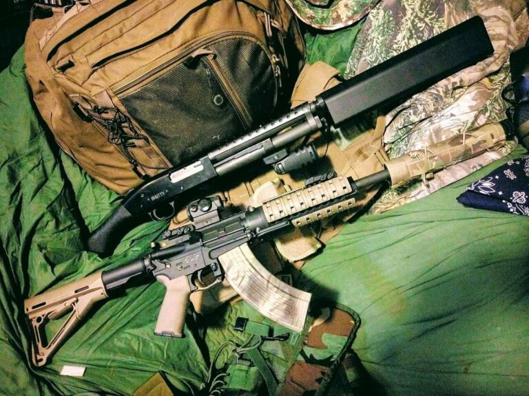 A suppressed short-barreled rifle and AOW on a bench, the two categories at the center of the suppressor ruling appeal