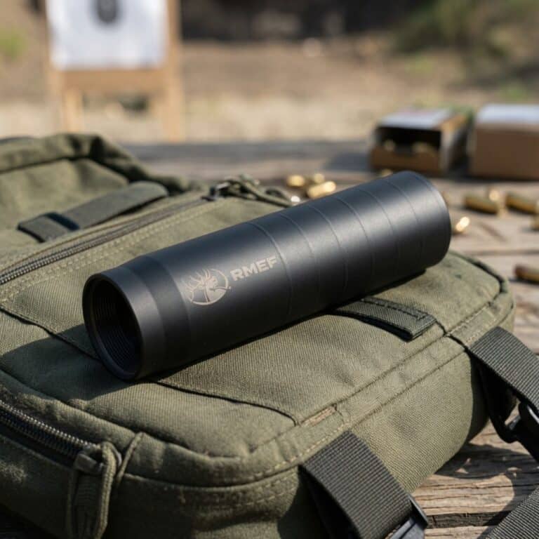 Black monocular resting on a green tactical backpack outdoors, with a shooting target in the background and bullets nearby.