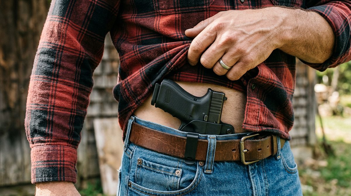 Man lifting his shirt to show a pistol in an inside-the-waistband holster