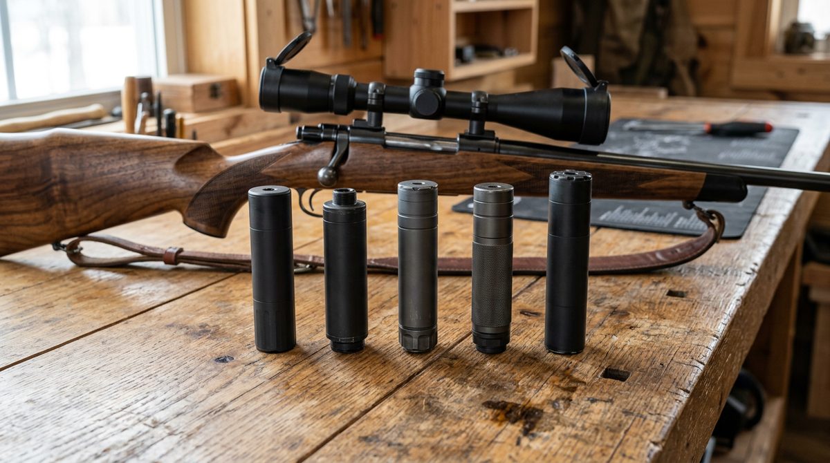 Hunting rifle suppressors lined up on a table