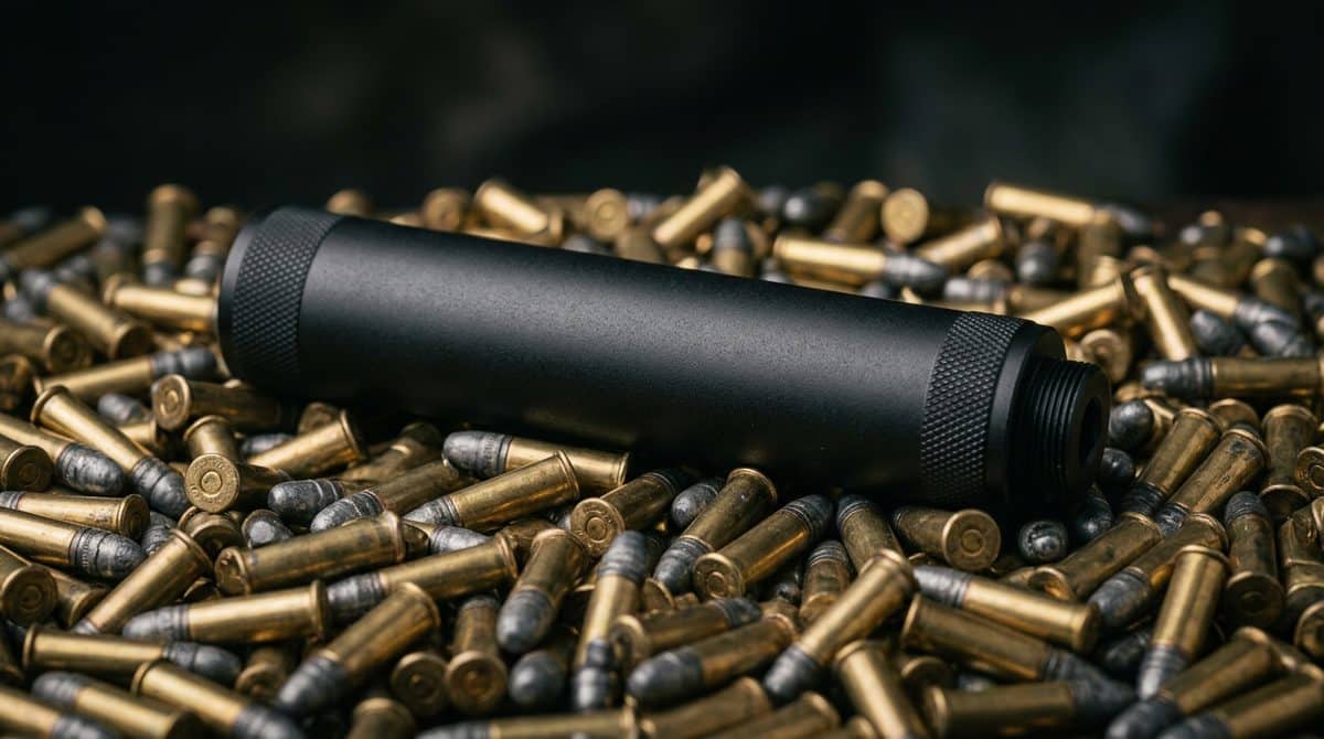 Slim rimfire suppressor on a pile of .22 LR cartridges