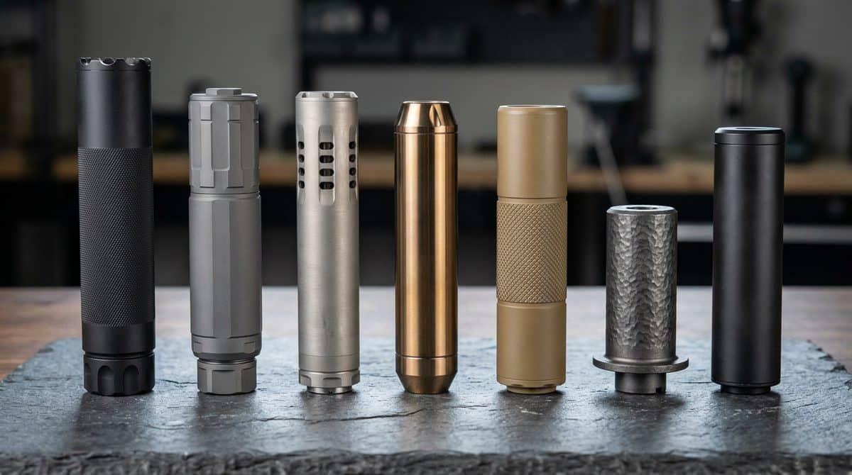 Row of suppressors of different sizes and finishes